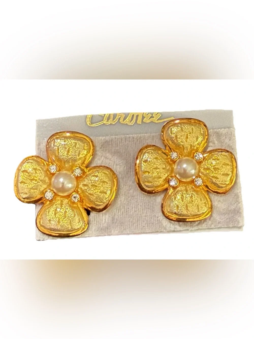Carolee Gold Flower Pearl & Crystal Stud Earrings